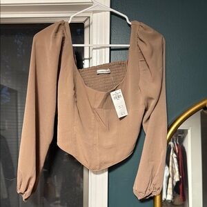 Abercrombie & Fitch Tan Puff Sleeve Smocked Blouse